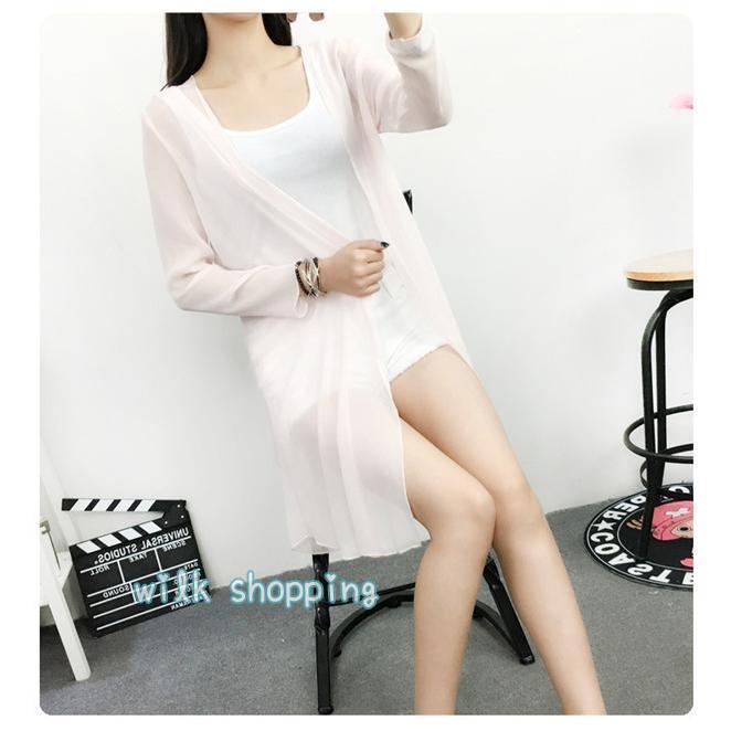 サマーカーディガン レディース シフォン 透け感 ロング丈 涼感 薄手 UVカット 冷房対策 無地 シンプル ひんやり 涼しい 春夏 トップス 長袖 - 画像 (3)