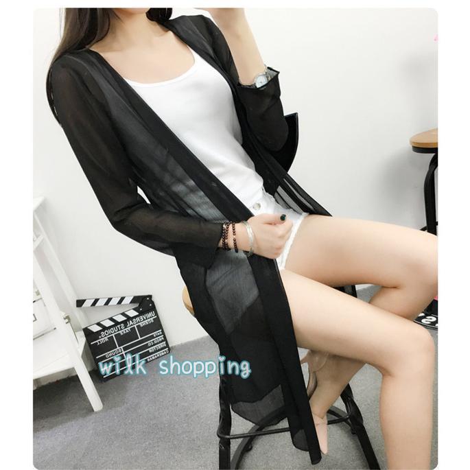 サマーカーディガン レディース シフォン 透け感 ロング丈 涼感 薄手 UVカット 冷房対策 無地 シンプル ひんやり 涼しい 春夏 トップス 長袖 - 画像 (5)