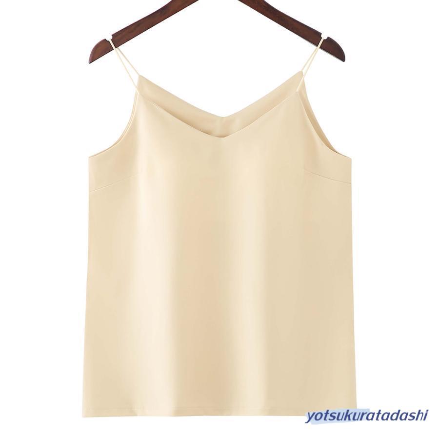 キャミソール 大きいサイズ カップ付き ノンワイヤー アンダーゴム レディース サテン風 光沢 Vネック インナー 下着 白 黒 夏 春 秋