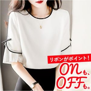 ブラウス 白シャツ 半袖 レディース 通販 シャツブラウス シャツ レディースブラウス レディースシャツ リボン プリーツ切り替え オフィスカジュアル