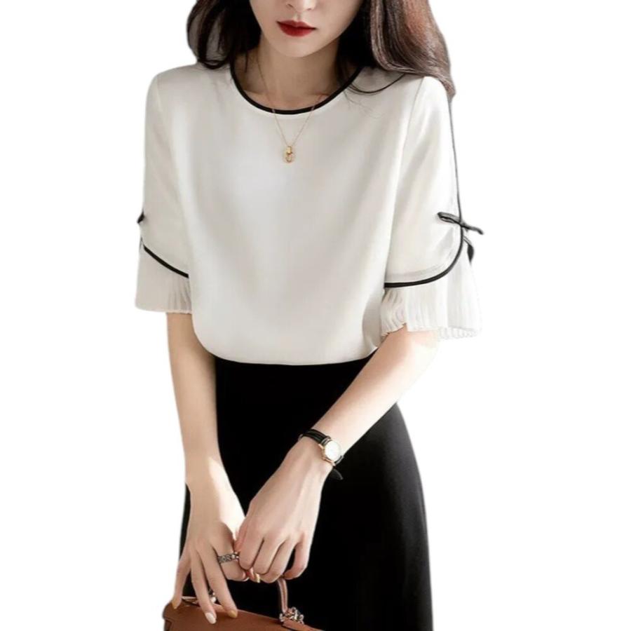 ブラウス 白シャツ 半袖 レディース 通販 シャツブラウス シャツ レディースブラウス レディースシャツ リボン プリーツ切り替え オフィスカジュアル - 画像 (2)