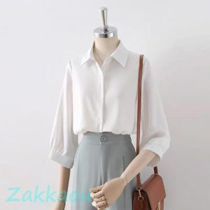 カジュアル シャツ オフィス ブラウス 7分袖 とろみ おしゃれ ワイシャツ 春 夏 ビジネス 薄手 事務服 大きいサイズ きれいめ フェミ